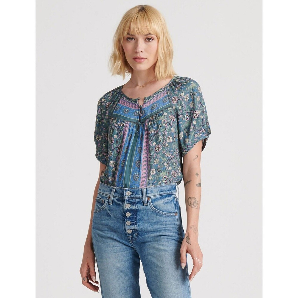 Lucky Brand Blouse Size XL Printed Puff Short Sleeve Boho Quarter Button Up